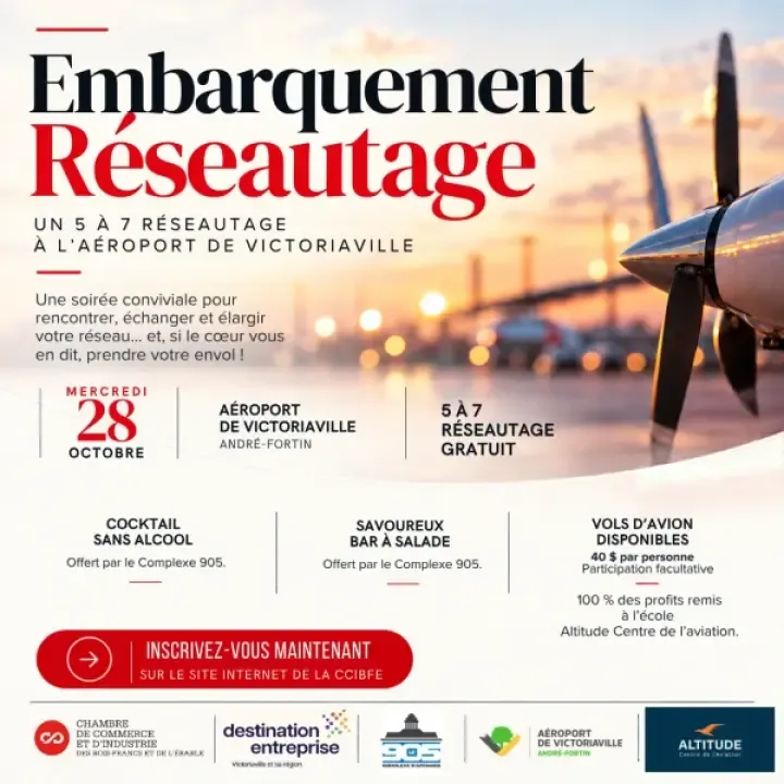 ✈️ Un 5 à 7 réseautage pas comme les autres vous attend à l’aéroport de Victoriaville! 🍹🥗